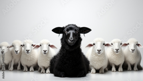 One black sheep standing away from a group of white sheep generative ai