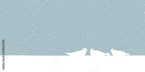 Seal family in snowland vector illustration. Snow landscape concept have blank space. photo