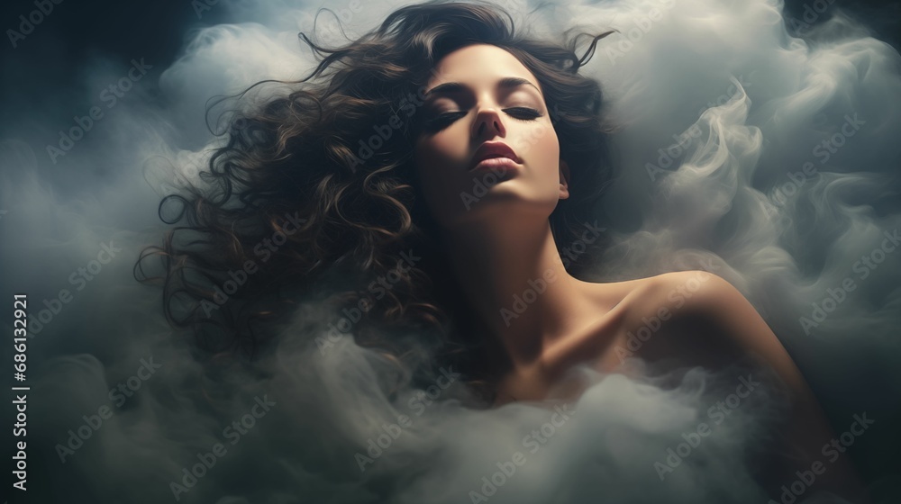 Image of a young woman with her head surrounded by a misty cloud. Image of a young woman with her head surrounded by a misty cloud.
