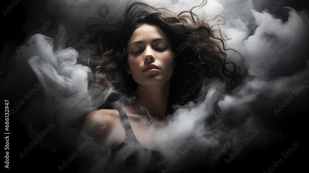 Image of a young woman with her head surrounded by a misty cloud.