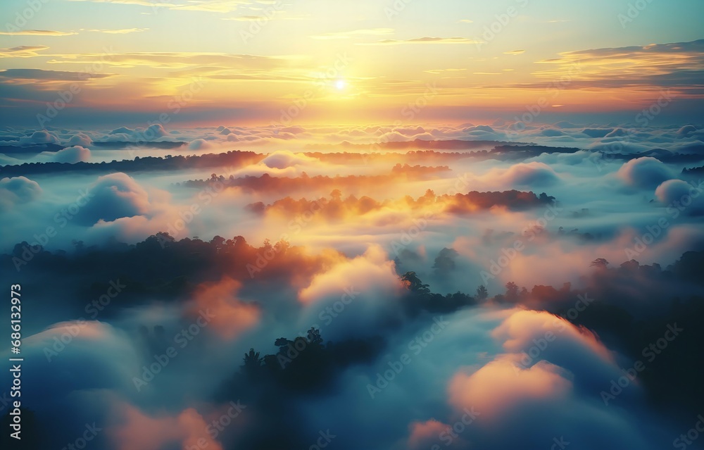 Sunrise Over Forested Hills Shrouded in Flowing Mist, a Dreamlike Vision of Nature's Majesty