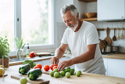 an elderly man 60 years old in a white T-shirt and with gray hair cuts vegetables in the kitchen, prepares a salad