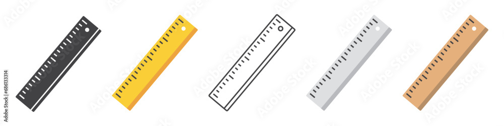 Set of ruler icons. Ruler tool symbol, measuring tool. Drawing and creating blueprints, education and training, school supply. Wooden or plastic ruler. Vector. EPS10. Set of ruler icons. Ruler tool symbol, measuring tool. Drawing and creating blueprints, education and training, school supply. Wooden or plastic ruler. Vector. EPS10.