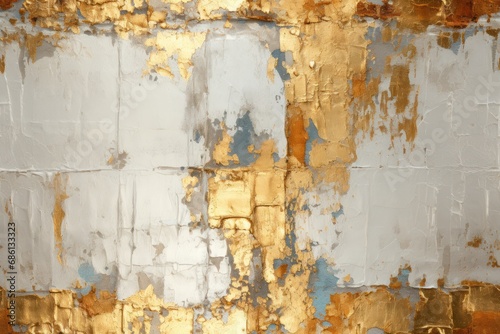  a close up of a rusted metal surface with white and gold paint on the top and bottom of it.