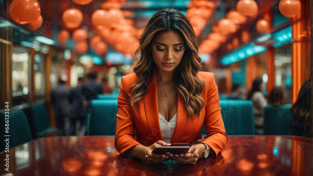 An Attractive Business woman in red suit using smartphone in sitting their office An Attractive Business woman in red suit using smartphone in sitting their office