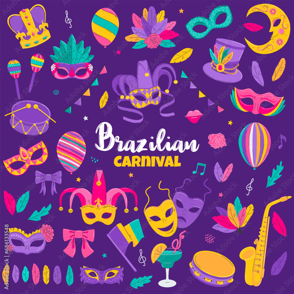 Brazilian Carnival traditional symbols set. Decorative elements for Mardi Gras, Venetian festival. Masquerade masks, feathers, musical instruments. Flat vector isolated illustrations.