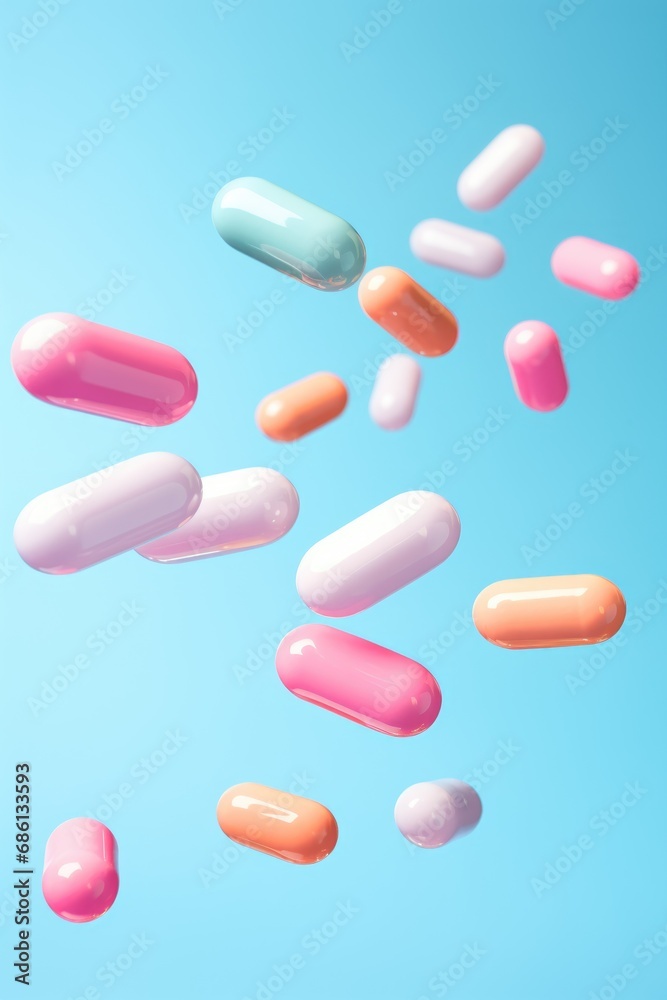 flying pill tablet capsule on blue background. levitation medicine. flying pill tablet capsule on blue background. levitation medicine.
