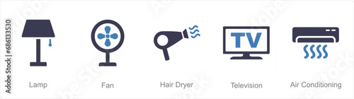 A set of 5 Home Appliance icons as lamp, fan, hair dryer