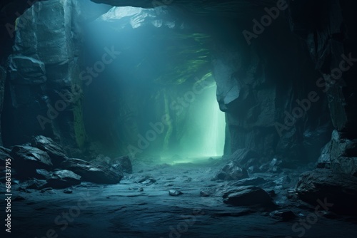  a cave filled with lots of rocks and a light at the end of one of the cave's doorways.
