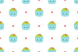Blue pots with cactuses on seamless pattern. Squishmallow. Cactus, plant. Kawaii, Vector