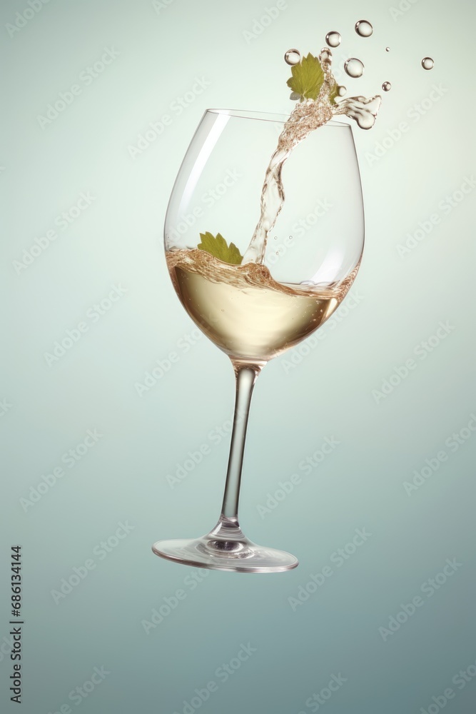White wine in a glass with splash. Food levitation White wine in a glass with splash. Food levitation