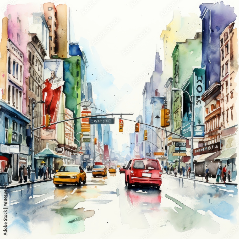 Watercolor Broadway single white background. AI generate illustration