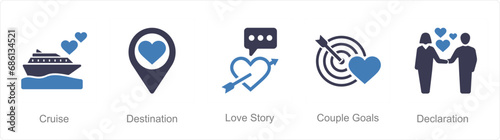 A set of 5 Honeymoon icons as cruise, destination, love story