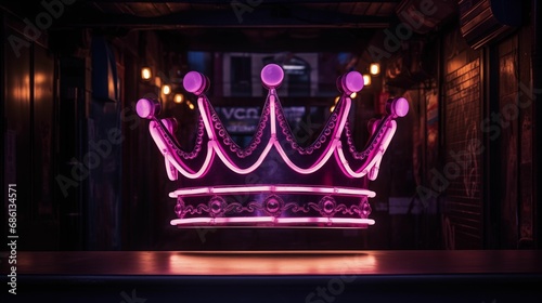 Image of a neon sign depicting a crown in a brilliant shade of purple. photo