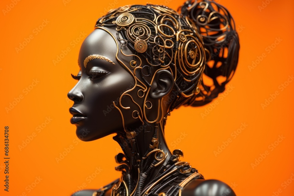  a statue of a woman with intricate hair and make - up on it's head and shoulders, against an orange background.