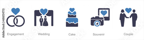 A set of 5 Honeymoon icons as engagement, wedding, cake