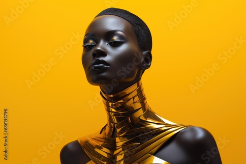  a mannequin wearing a gold dress with a black headpiece and a gold choker on a yellow background.