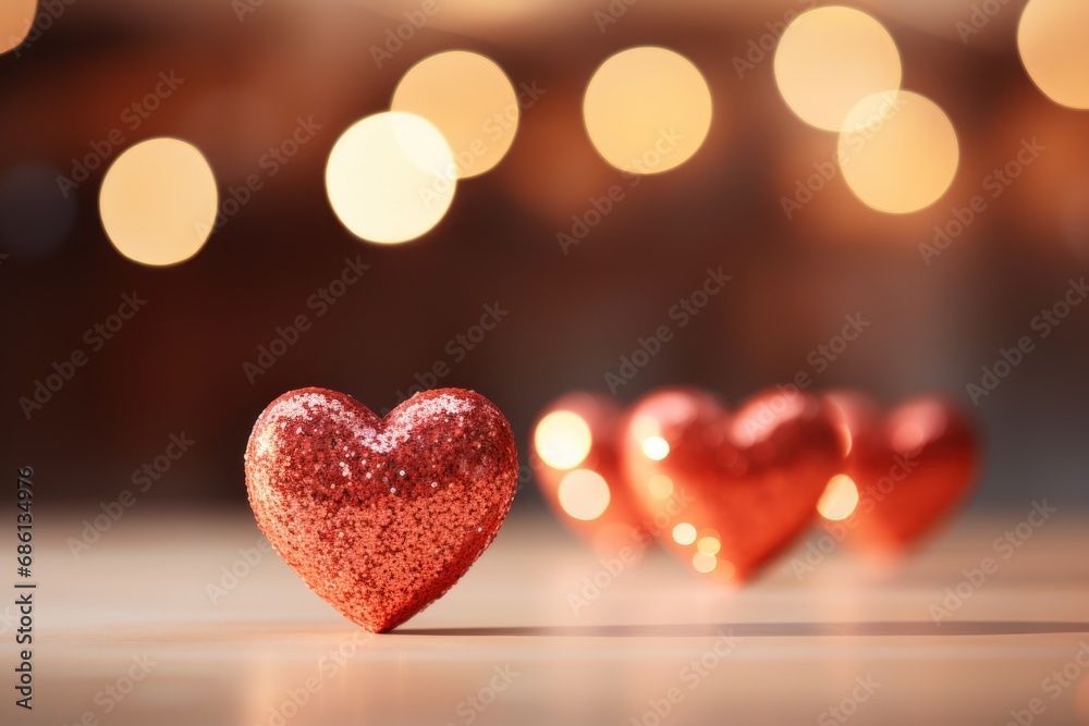 a group of red hearts sitting next to each other on top of a wooden table with lights in the background. a group of red hearts sitting next to each other on top of a wooden table with lights in the background.