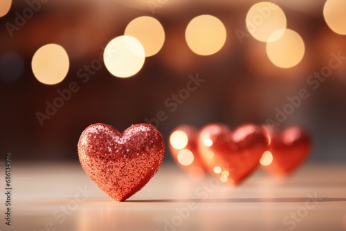  a group of red hearts sitting next to each other on top of a wooden table with lights in the background.