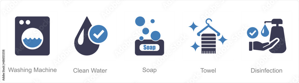 A set of 5 Hygiene icons as washing machine, clean water, soap A set of 5 Hygiene icons as washing machine, clean water, soap
