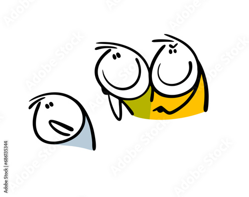 Two stickman gloat, call names, humiliate classmate or work colleague. Vector illustration of bullying at school and in the office. Sad lonely man.