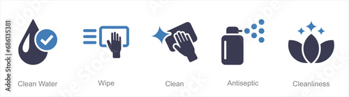 A set of 5 Hygiene icons as clean water, wipe, clean