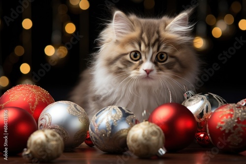  a cat sitting in front of a bunch of christmas ornament ornament balls with lights in the background.