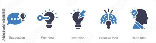 A set of 5 Idea icons as suggestion, key idea, invention
