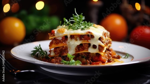 A portion of classic lasagna on a plate