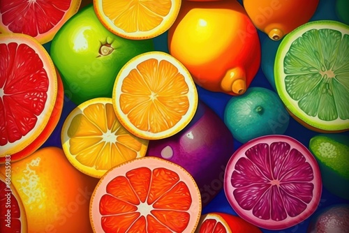  a painting of a bunch of fruit with oranges  lemons  grapefruits  and limes.