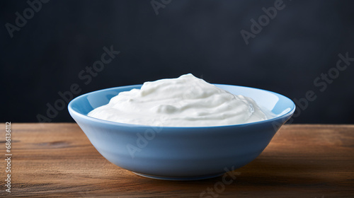 Blue ceramic bowl of fresh greek yogurt