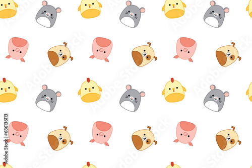 Pets on seamless pattern. Squishmallows. Dog, pig, chick, mouse. Kawaii, Vector