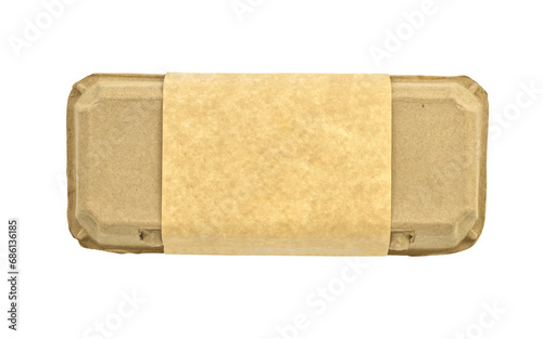 Isolated egg paper box or paper container on white background with empty paper label for branding design, top view image egg container, organic food concept.