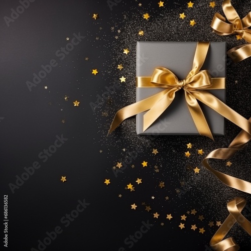 giftbox gold ribbon frame around, space for  text, top view, symmetry, closeup, decorated  with glitter star, AIgenerated © Chutikarn