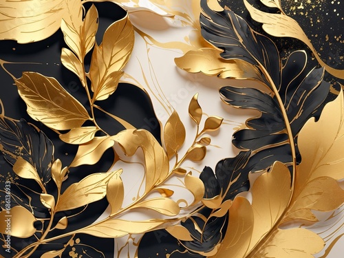 Abstract art. Luxury minimal style wallpaper with black and golden line art foliage, gold glitter, watercolor texture. background for banner, poster, wedding card, decoration. Generative AI