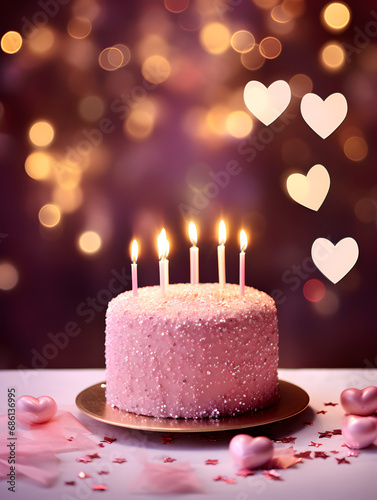 Decorated pink buttercream cake with candles on table  blurry lights background