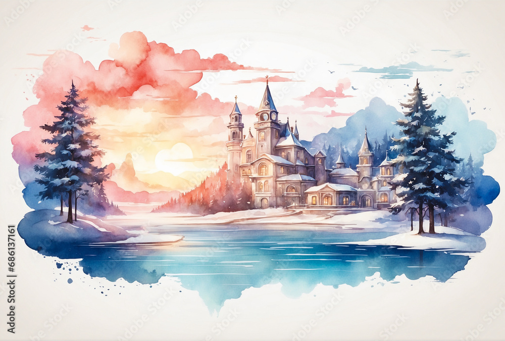 Fairy tale landscape, with castle in a forest on a sunset. Watercolor holiday background. Card for invitation, greeting card, presentation, advertising. Soft pastel color palette. Generative AI
