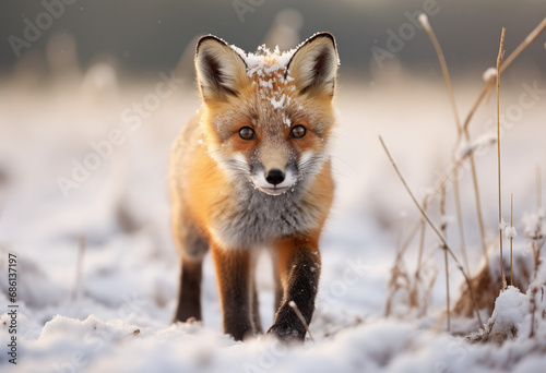 Fox walking through a wooded field in the winter.