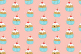 Cherry cupcake on pink seamless pattern. Squishmallow. Cake. Kawaii, Vector
