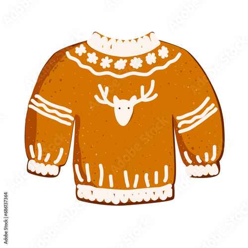 Christmas ugly sweater Christmas cookie with white icing isolated on white background, vector illustration