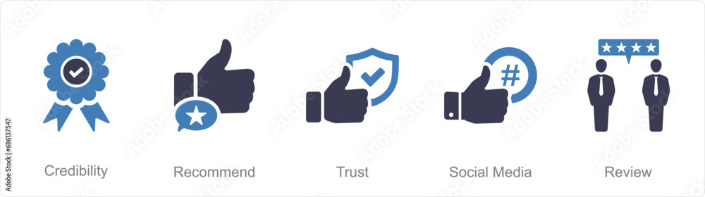 A set of 5 Influencer icons as credibility, recomment, trust A set of 5 Influencer icons as credibility, recomment, trust