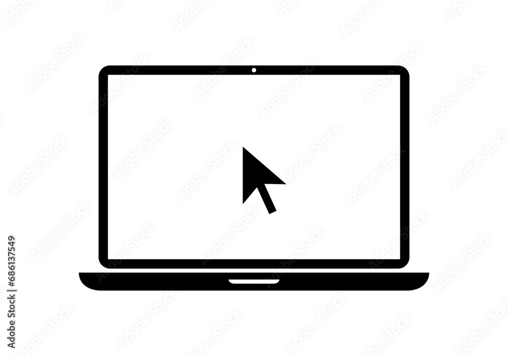 Laptop with pointer or cursor icon vector. Notebook display with clicking mouse Laptop with pointer or cursor icon vector. Notebook display with clicking mouse
