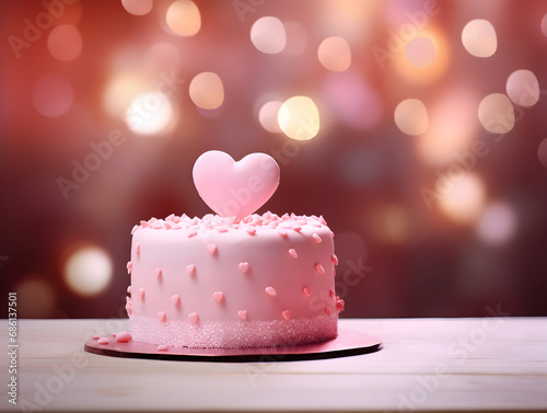 Pink buttercream cake with hearts decoration on table, blurry lights background