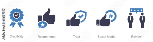 A set of 5 Influencer icons as credibility, recomment, trust