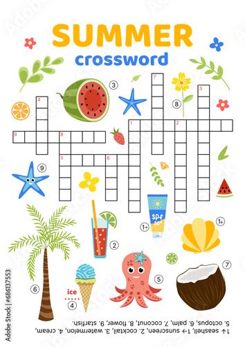 Crossword of words on tropical theme. English words. Educational puzzle game for kids. Vector