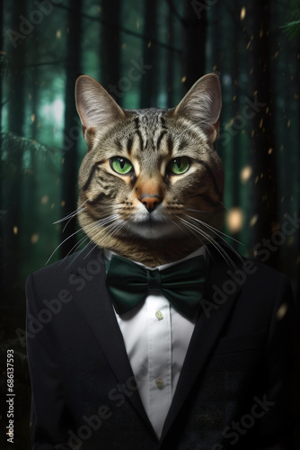 The cat dressed in an elegant black suit stands in the forest. Fashion portrait of an anthropomorphic animal. Generative ai © designermetin