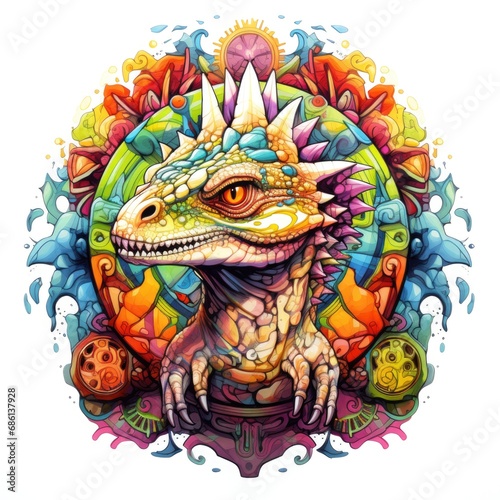 Colorful dinosaur mandala art on white background. Design print for t-shirt