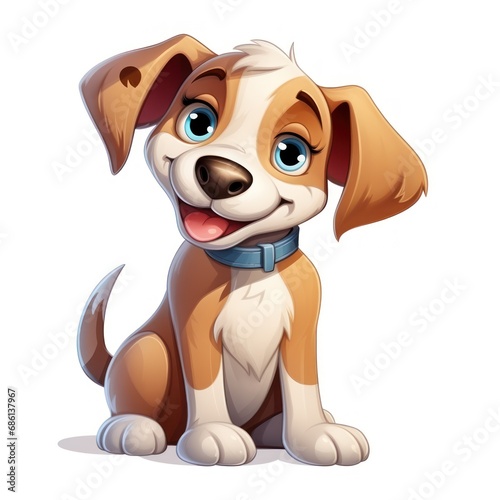  a brown and white puppy sitting down with its tongue out and a blue collar around it's neck, with a smile on its face.