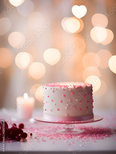 Decorated pink buttercream cake with hearts on a plate, blurry lights background