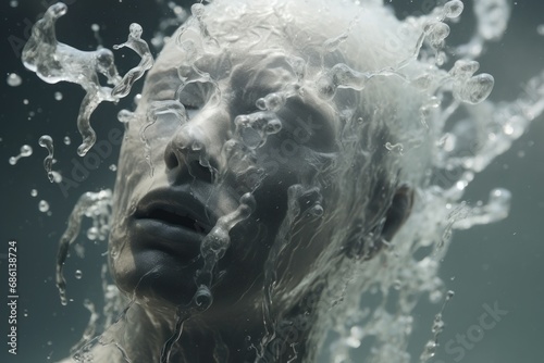  a close up of a person's face with water coming out of it and bubbles coming out of the face.
